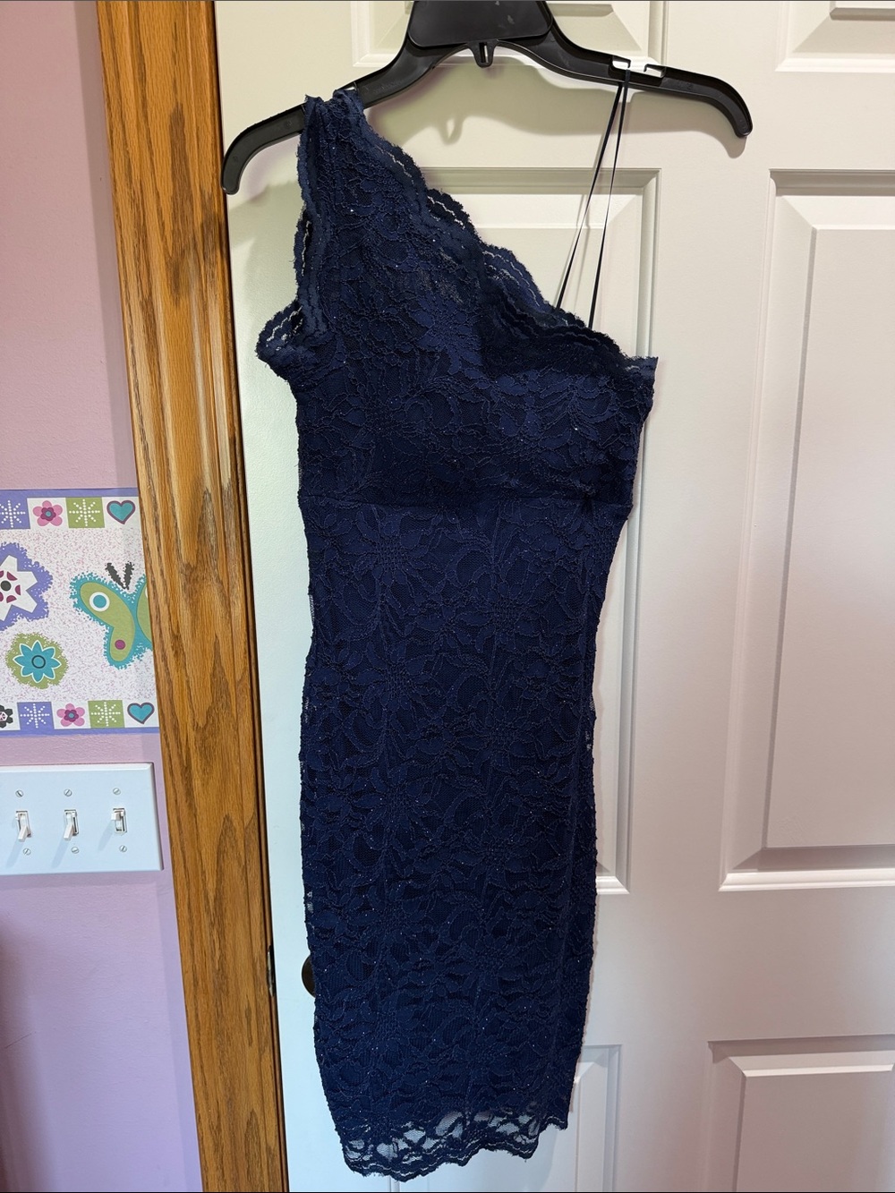 Morgan & Co. Navy One-Shoulder Lace Dress
